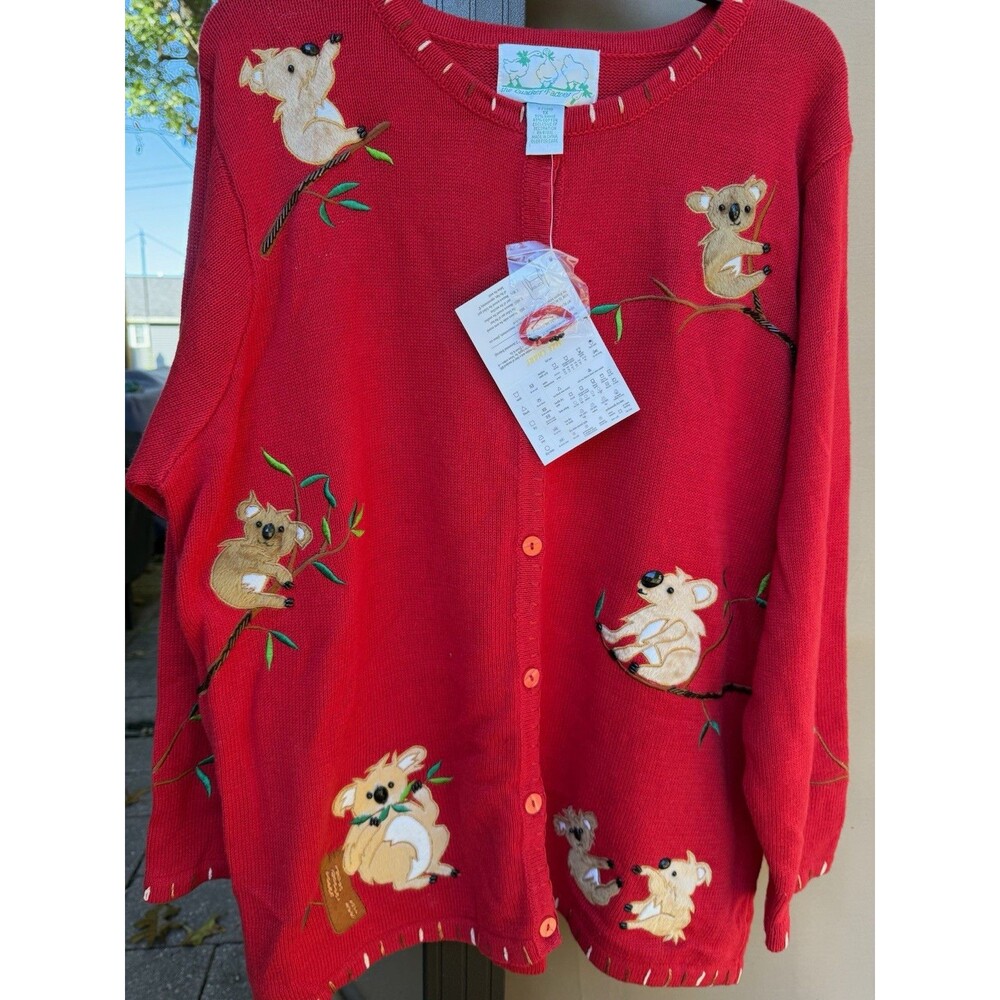 The Quacker Factory Red Knit Koala Embroidered Cardigan Sweater 1X Plus